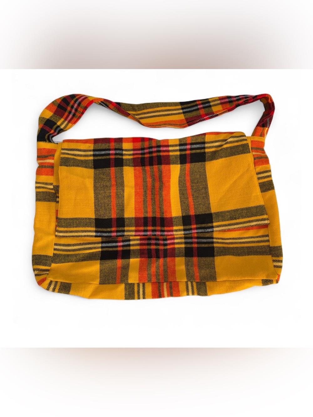 Vtg handmade wool shoulder bag purse yellow black red tartan plaid fall preppy